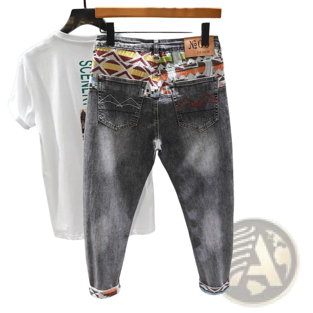Men slim fit stretch white denim jeans with gray denim, colorful geometric waistband and cuffs, and brown leather tag