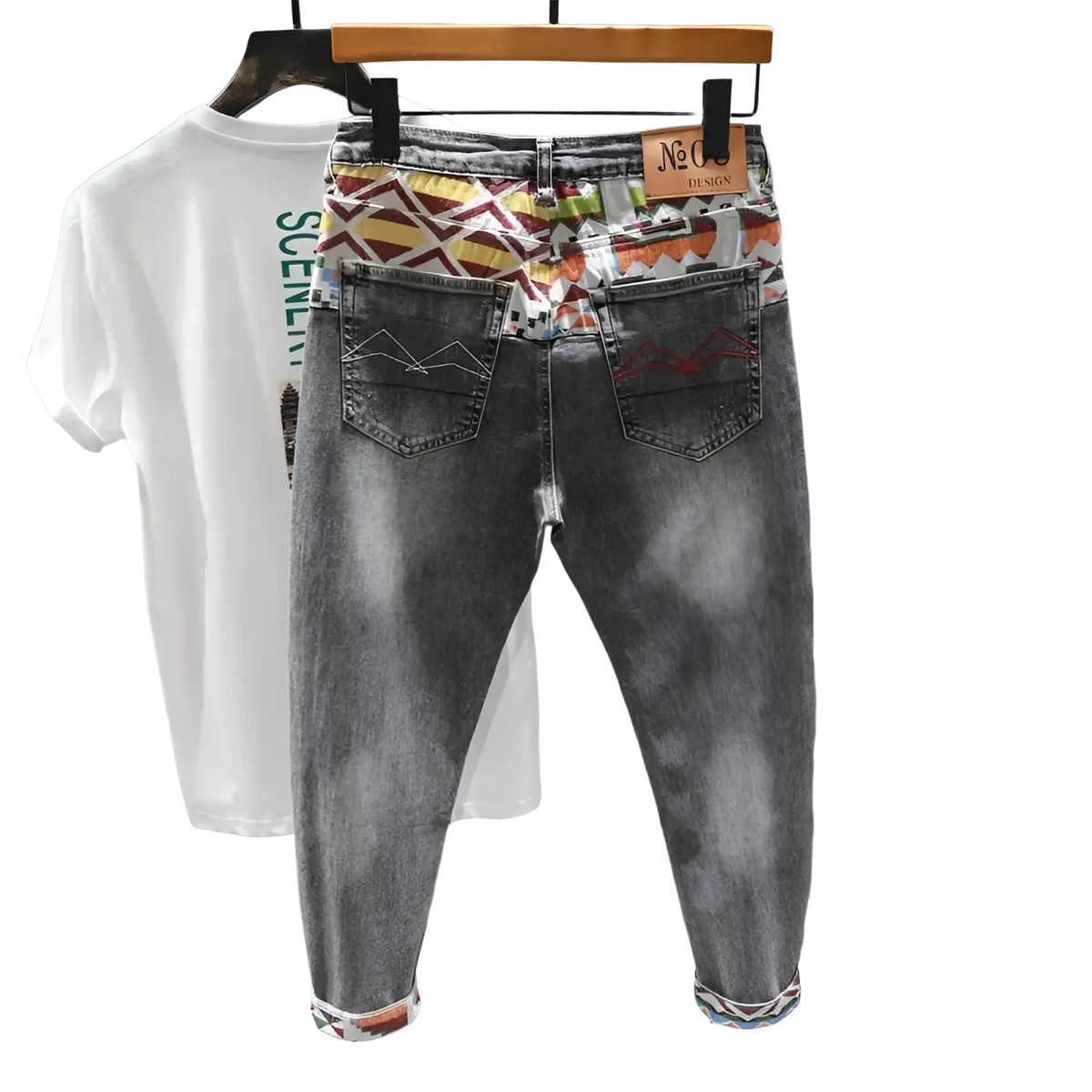 Men slim fit stretch white denim jeans with grey fabric, colorful geometric waistband and cuffs, and n&o design patch