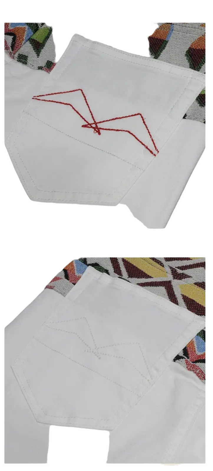 Back side of men slim fit stretch white denim jeans with red geometric embroidery on the knitted pocket