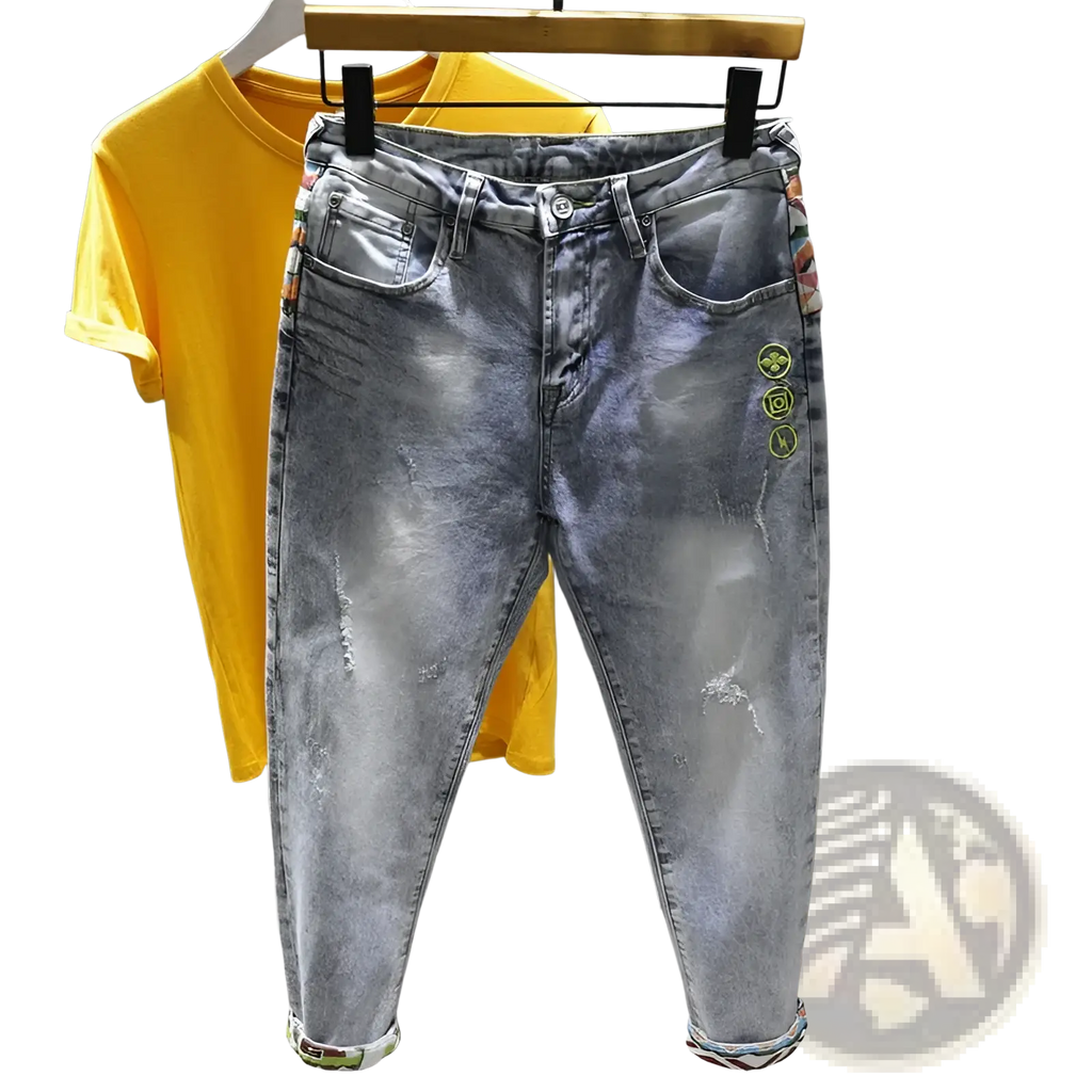 Men slim fit stretch white denim jeans in light wash with distressed details and colorful embroidered side patches