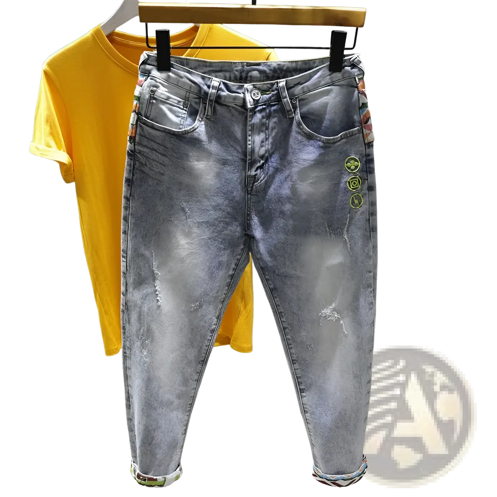 Men slim fit stretch white denim jeans in light wash with distressed details and colorful embroidered side patches