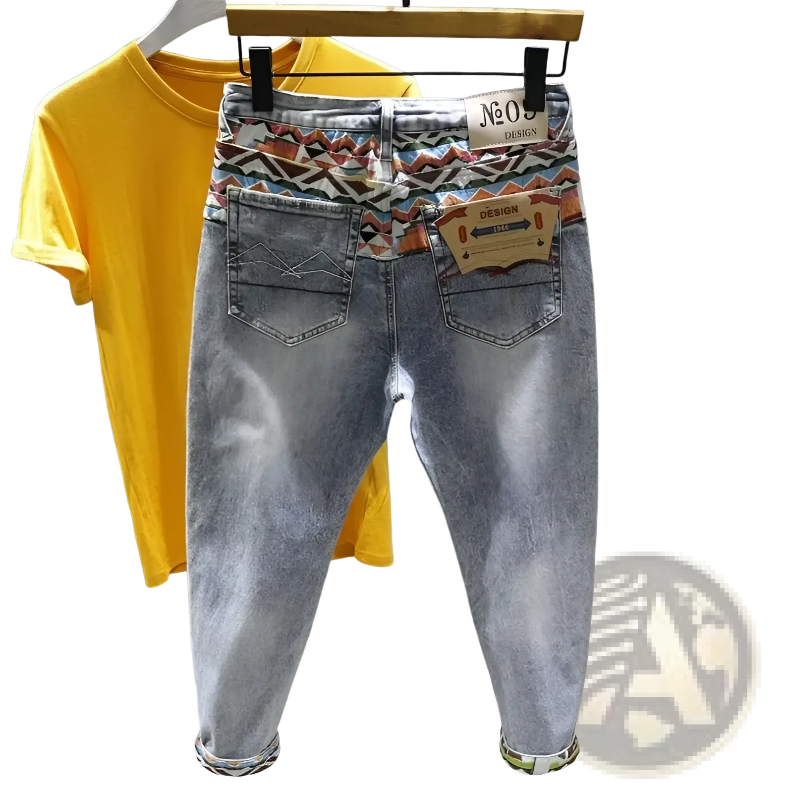 Back side of men slim fit stretch embroidered white denim jeans in light wash with colorful waistband pattern and no.5 label