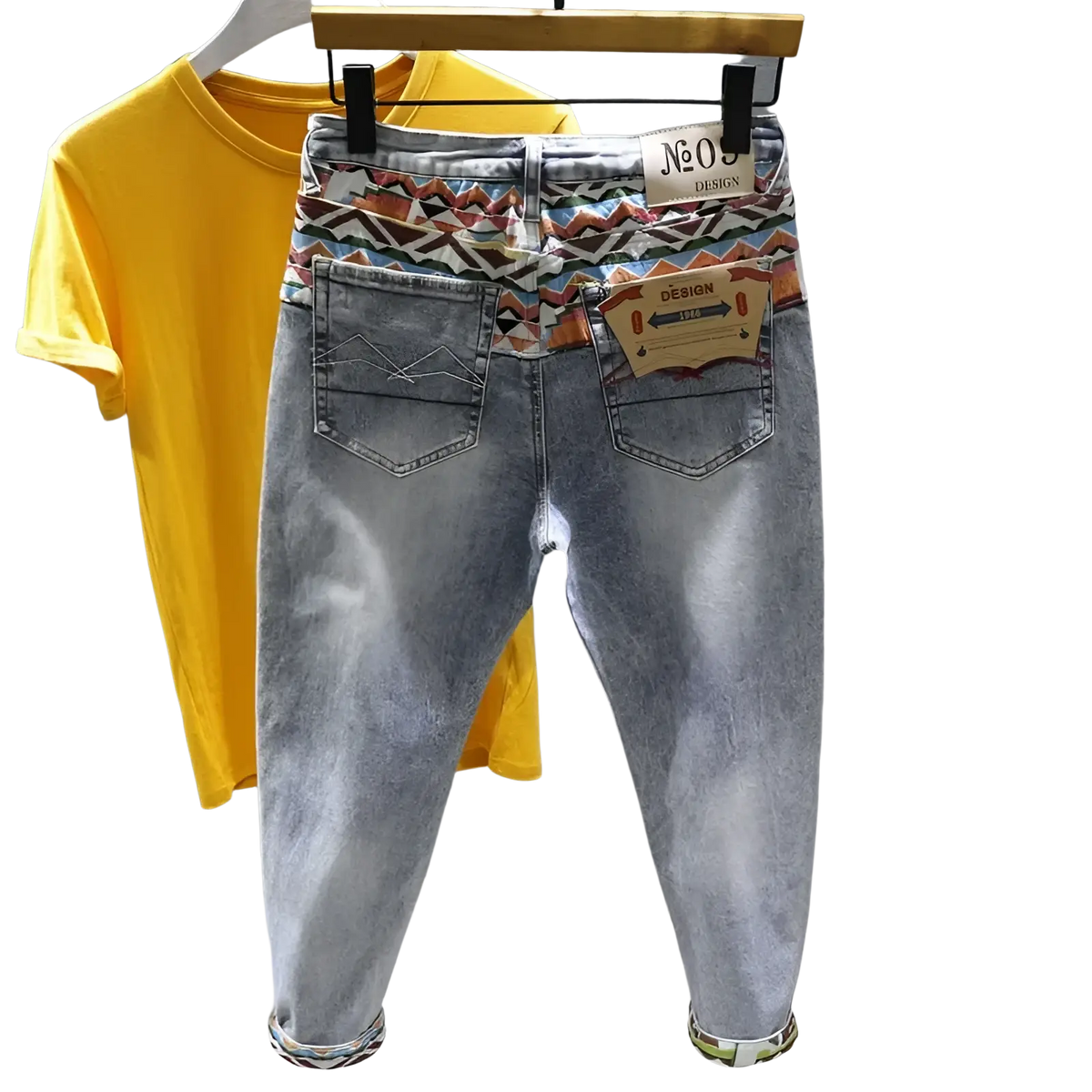 Men slim fit stretch embroidered white denim jeans with light-wash and colorful geometric patterned waistband and cuffs