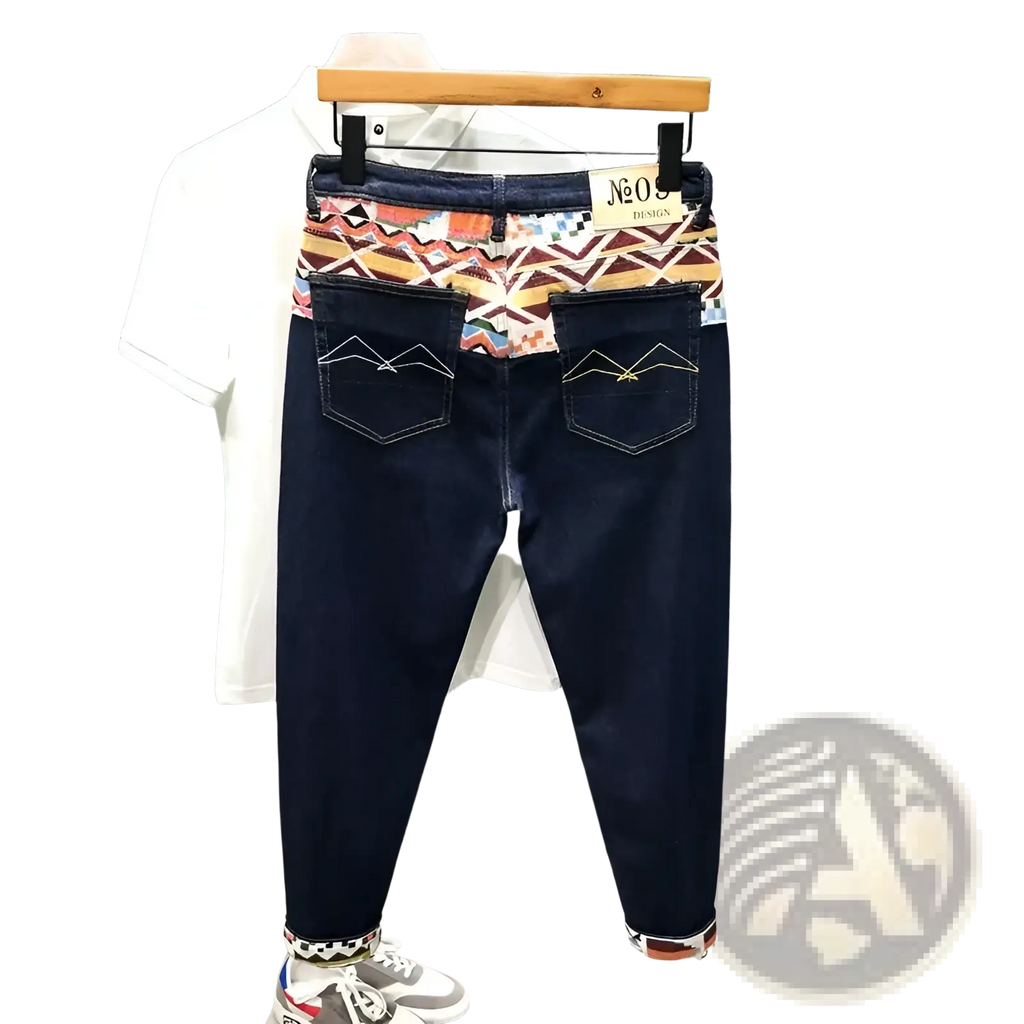 Men slim fit stretch embroidered white denim jeans back side with dark blue denim, geometric waistband, and mountain stitching