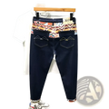 Men slim fit stretch embroidered white denim jeans back side with dark blue denim, geometric waistband, and mountain stitching