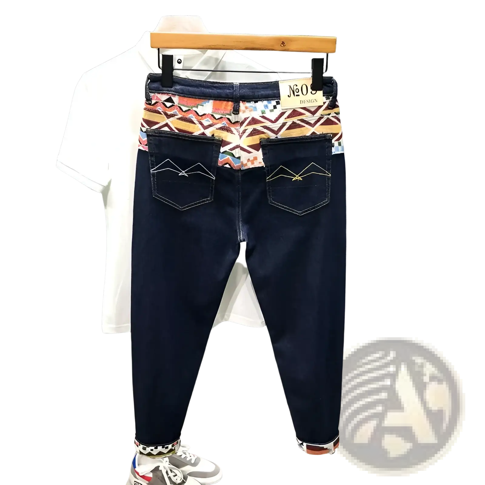 Men slim fit stretch embroidered white denim jeans back side with dark blue denim, geometric waistband, and mountain stitching