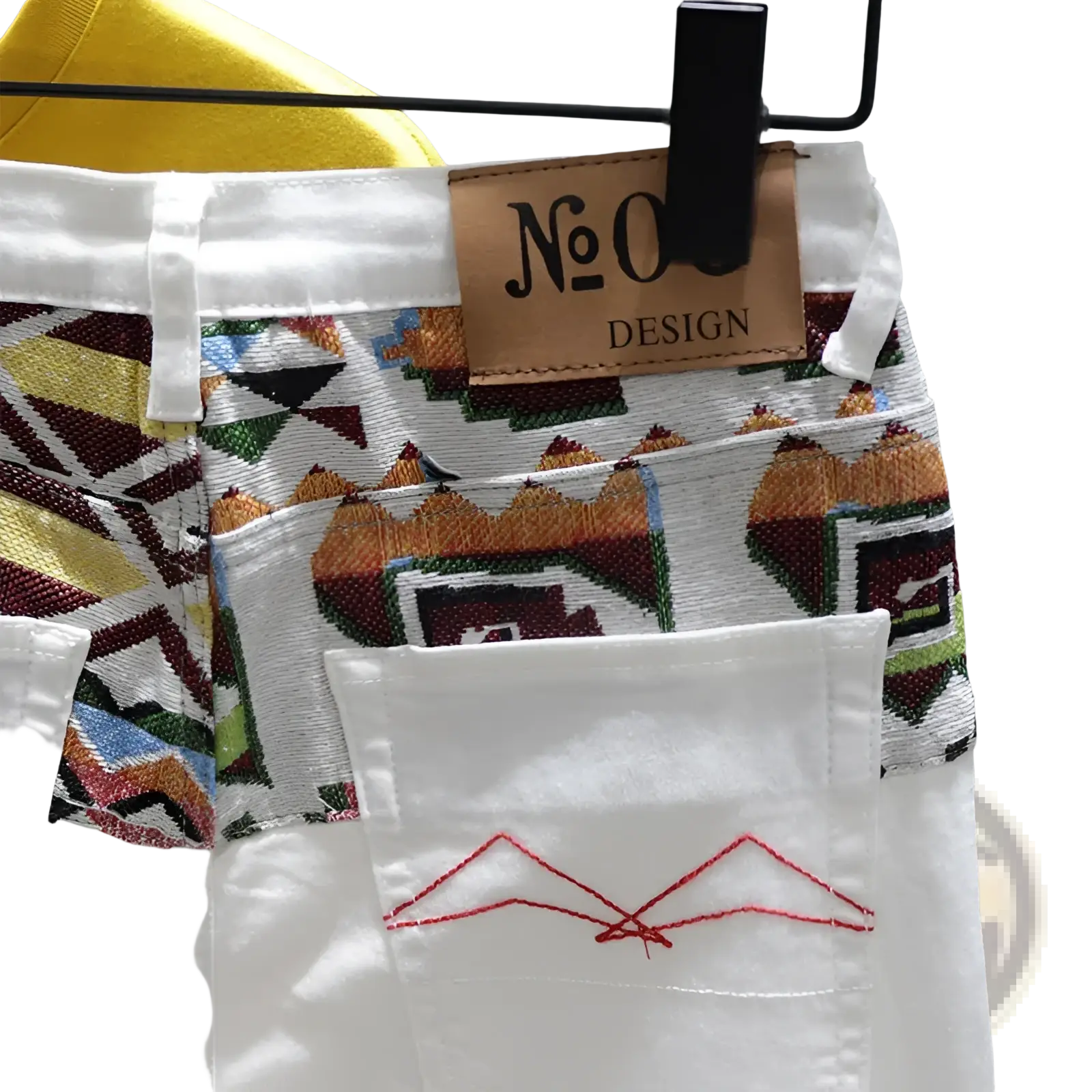 Men slim fit stretch embroidered white denim jeans with vibrant geometric waistband and red mountain pocket embroidery