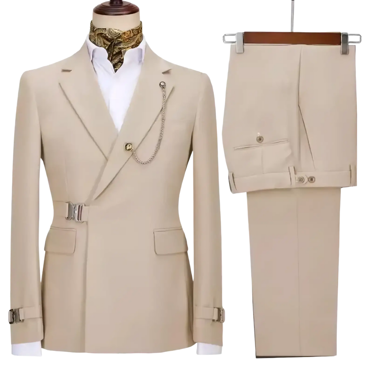 Men slim fit beige double breasted suit with metallic belt buckle and chain pin italian design two piece set