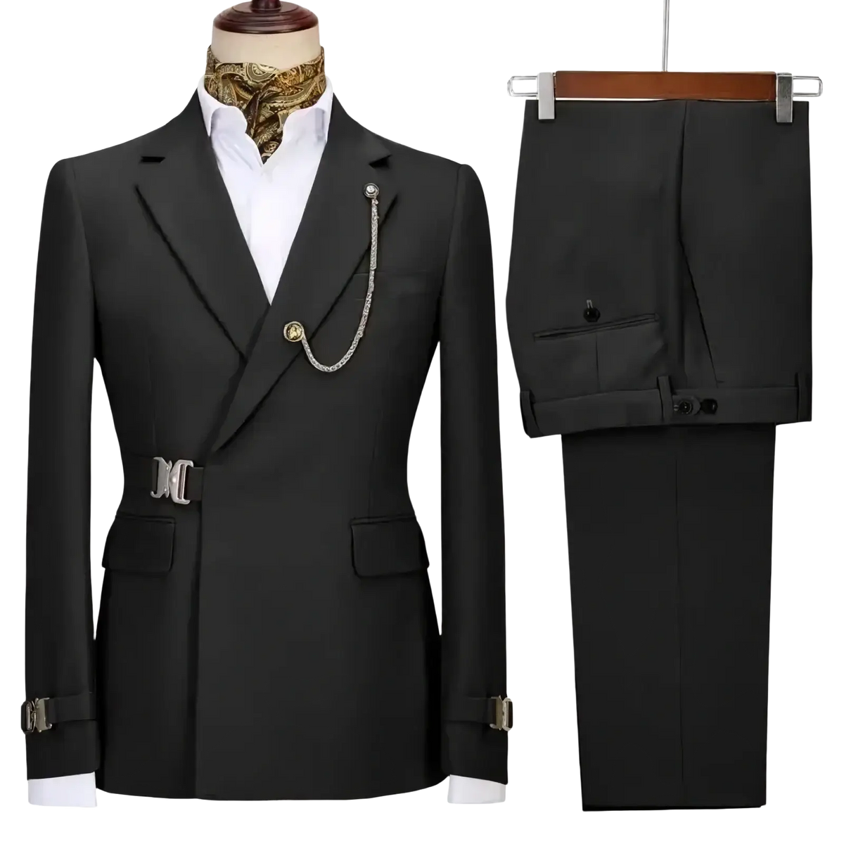 Men slim fit black tailored suit with silver-toned belt buckle and chain accessory italian design two piece set