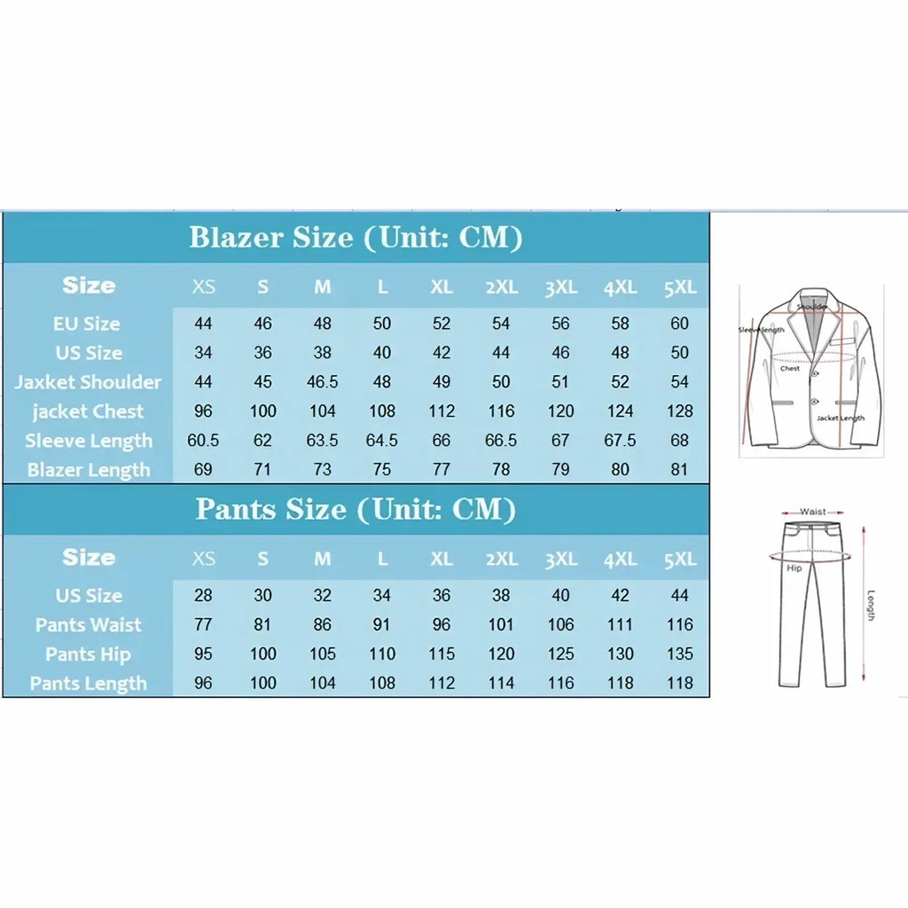 Men slim fit suit italian design two piece set blazer and pants size chart with measurements in centimeters from xs to 5xl