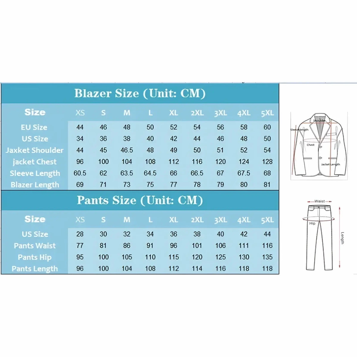 Men slim fit suit italian design two piece set blazer and pants size chart with measurements in centimeters from xs to 5xl