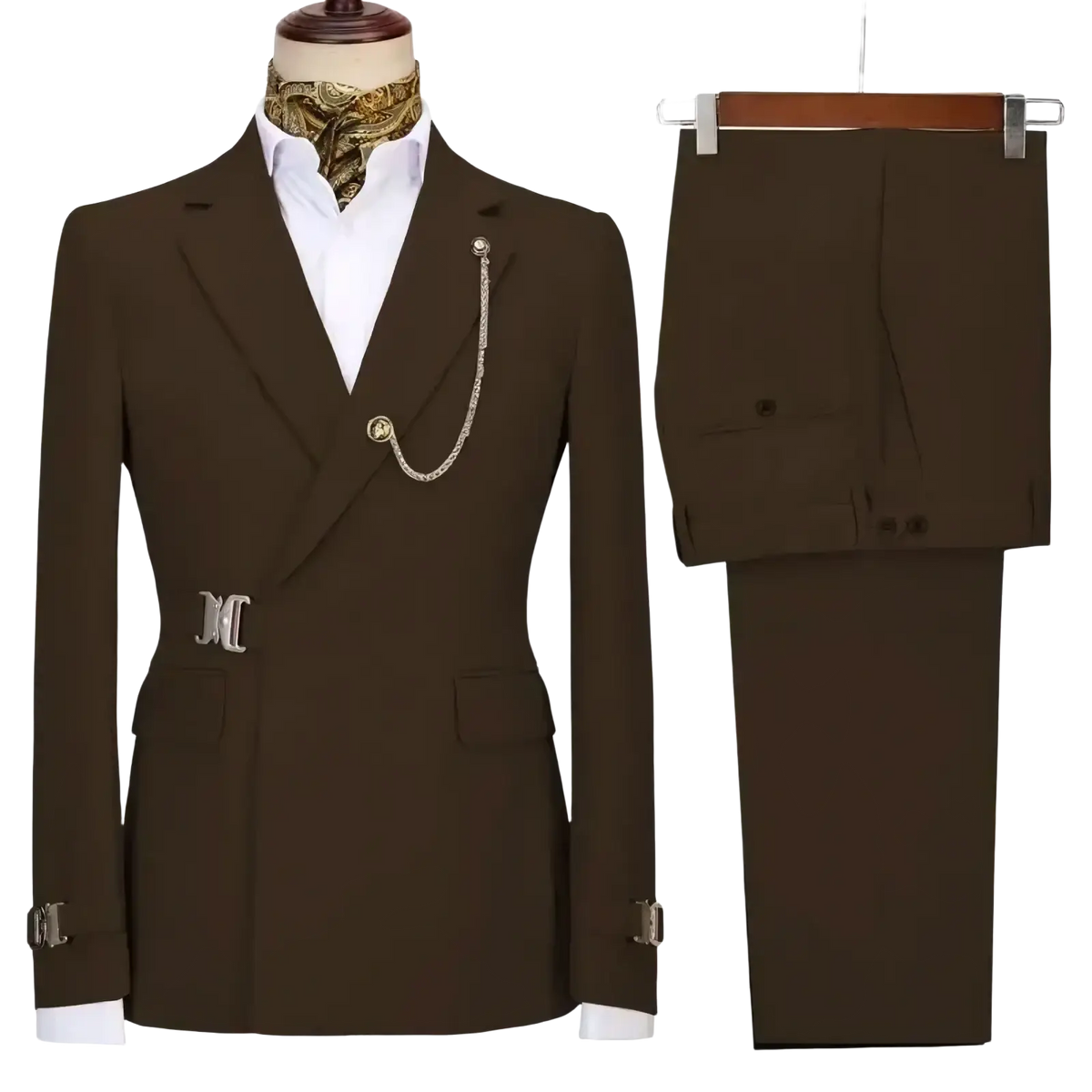Men slim fit brown double-breasted suit with silver-toned belt buckle and chain accessory Italian design two piece set