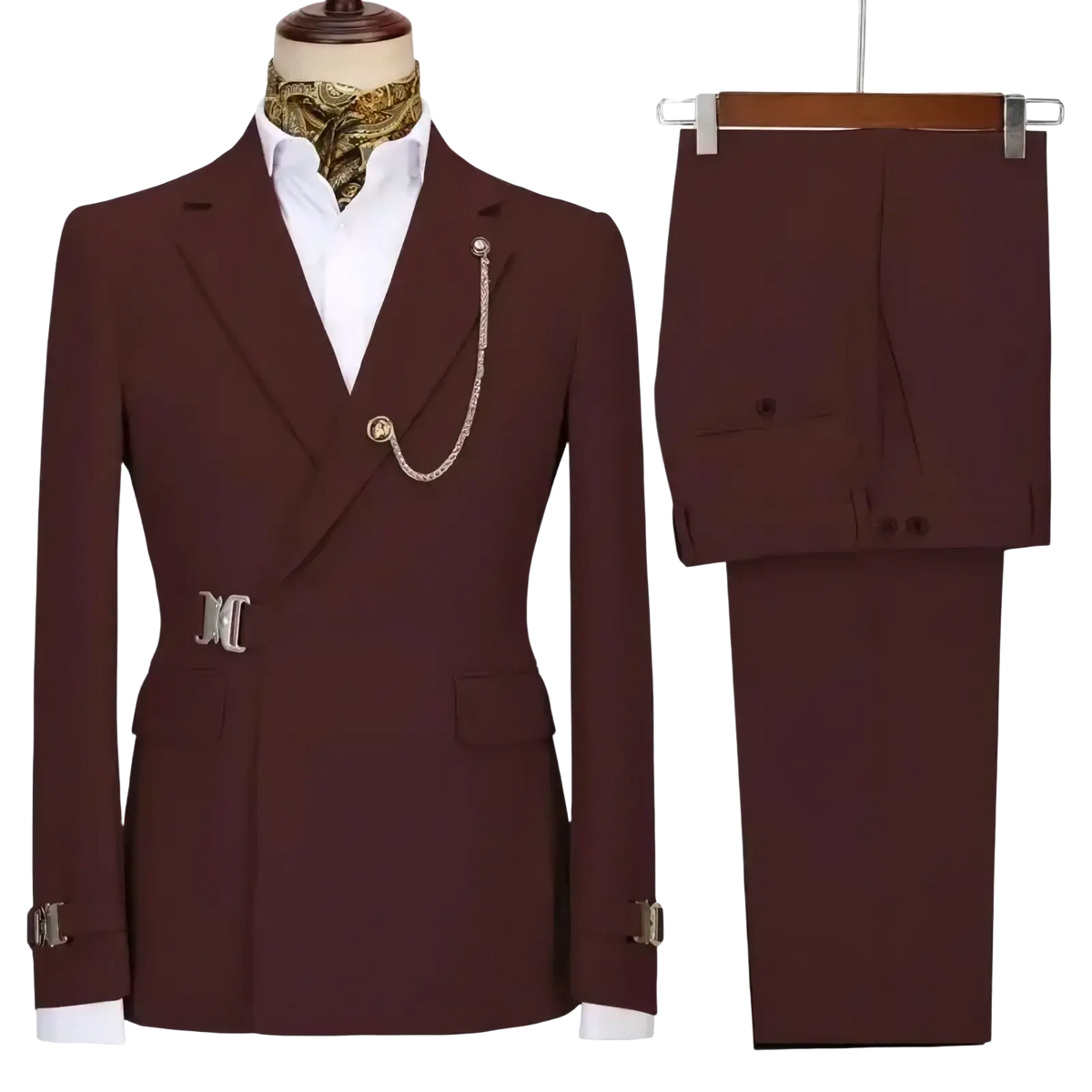 Burgundy men slim fit two-piece suit with silver-toned belt buckle and chain accessory Italian design
