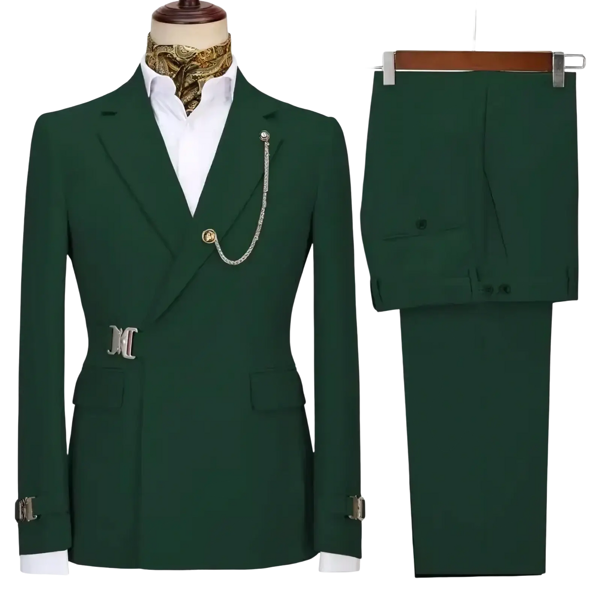 Men slim fit dark green double-breasted suit with gold chain pin and metallic belt buckle in Italian design two piece set