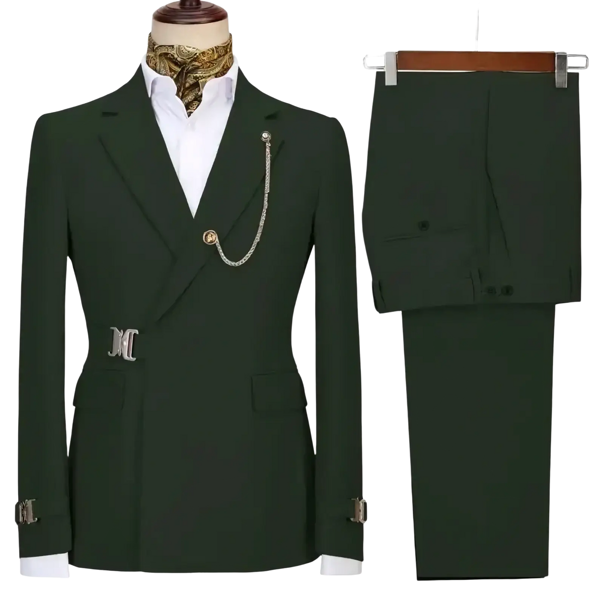 Men slim fit dark green tailored suit with silver toned belt buckle and chain accessory italian design two piece set