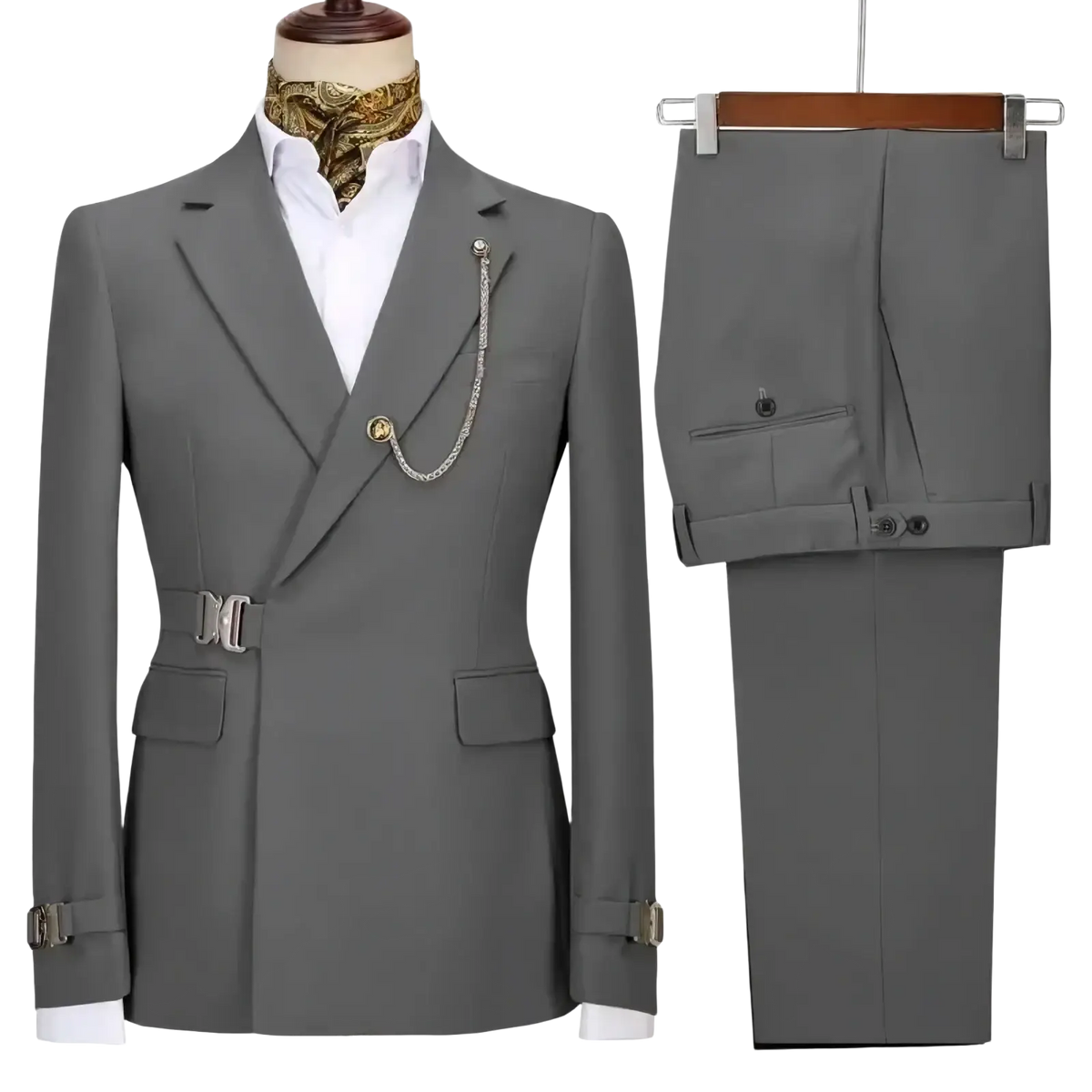 Men slim fit gray double-breasted suit with metallic belt buckle and matching pants featuring tailored Italian design