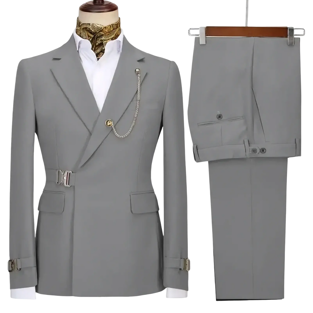 Men slim fit gray double-breasted suit with silver-toned belt buckle and matching pocket square Italian design