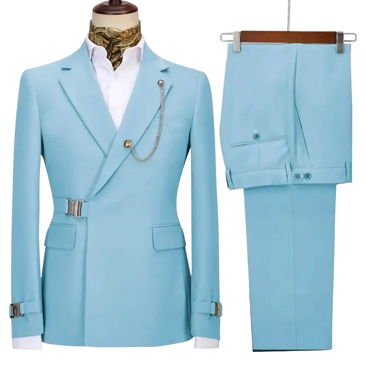 Men slim fit Italian design two piece light blue double-breasted suit with silver belt buckle and matching pocket square