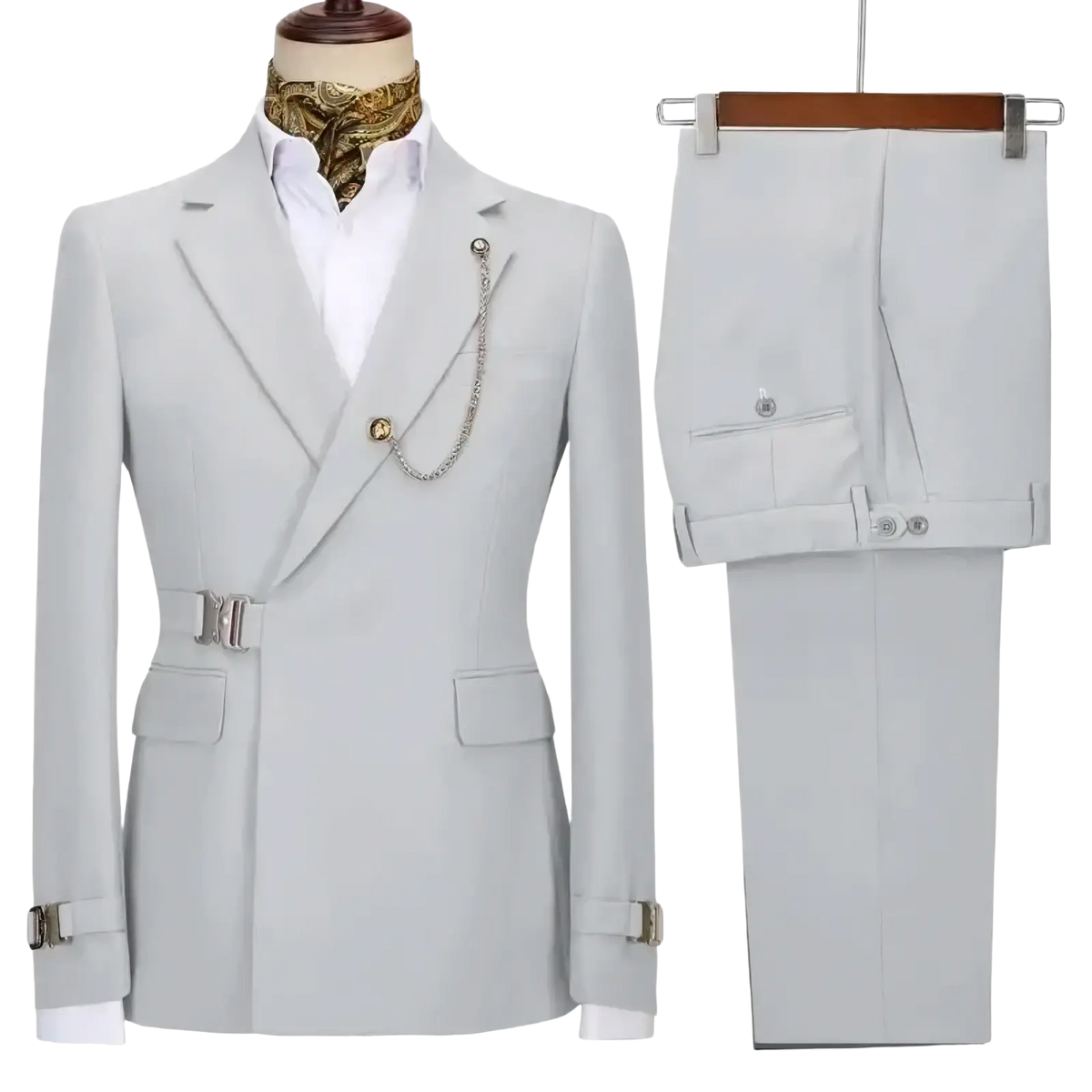 Men slim fit light gray double-breasted suit with silver-toned belt buckle and matching buttons italian design two piece set