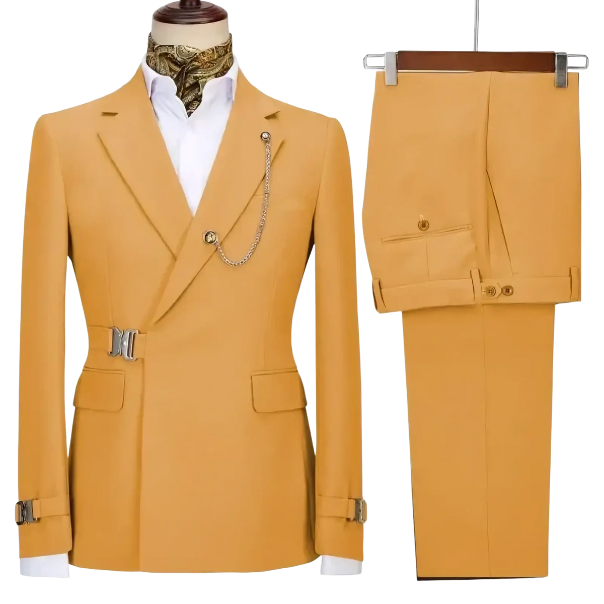 A mustard yellow men slim fit two piece suit with double breasted blazer metallic buckles and chain detailing