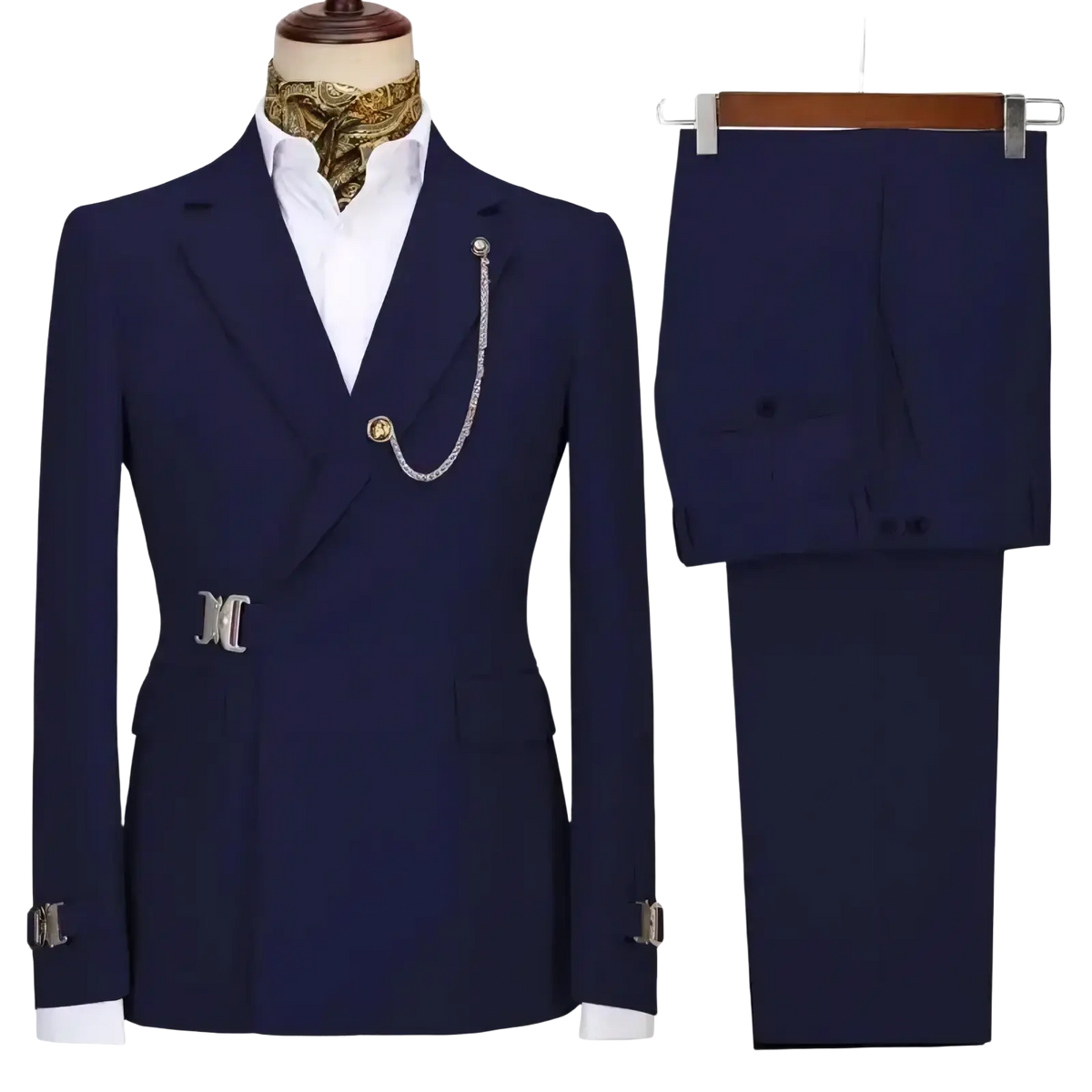 Men slim fit navy blue double-breasted suit with silver belt buckle and chain italian design two piece set