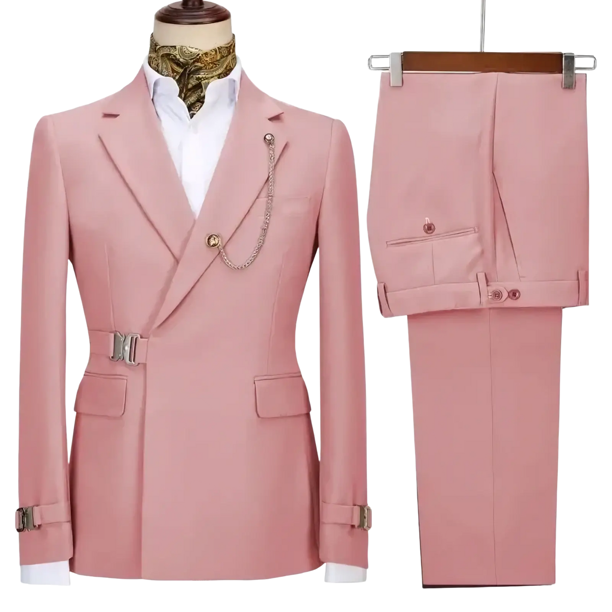 Men slim fit pink double-breasted suit with metallic belt buckle and chain pin Italian design two piece set