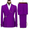 Men slim fit vibrant purple Italian design two piece suit with double-breasted gold-toned belt buckle and chain accessory