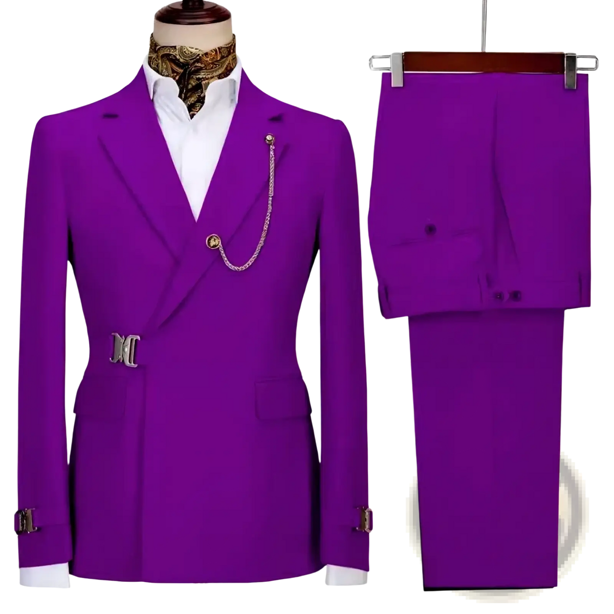 Men slim fit vibrant purple Italian design two piece suit with double-breasted gold-toned belt buckle and chain accessory