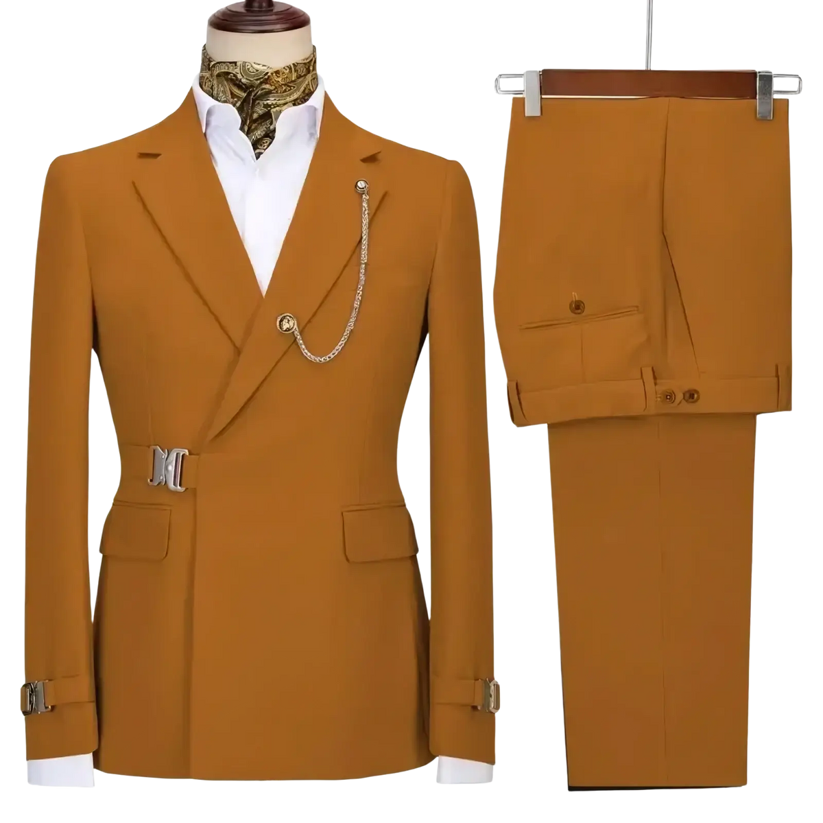 Men slim fit tan double-breasted suit with silver-toned belt buckle and chain accessory italian design two piece set