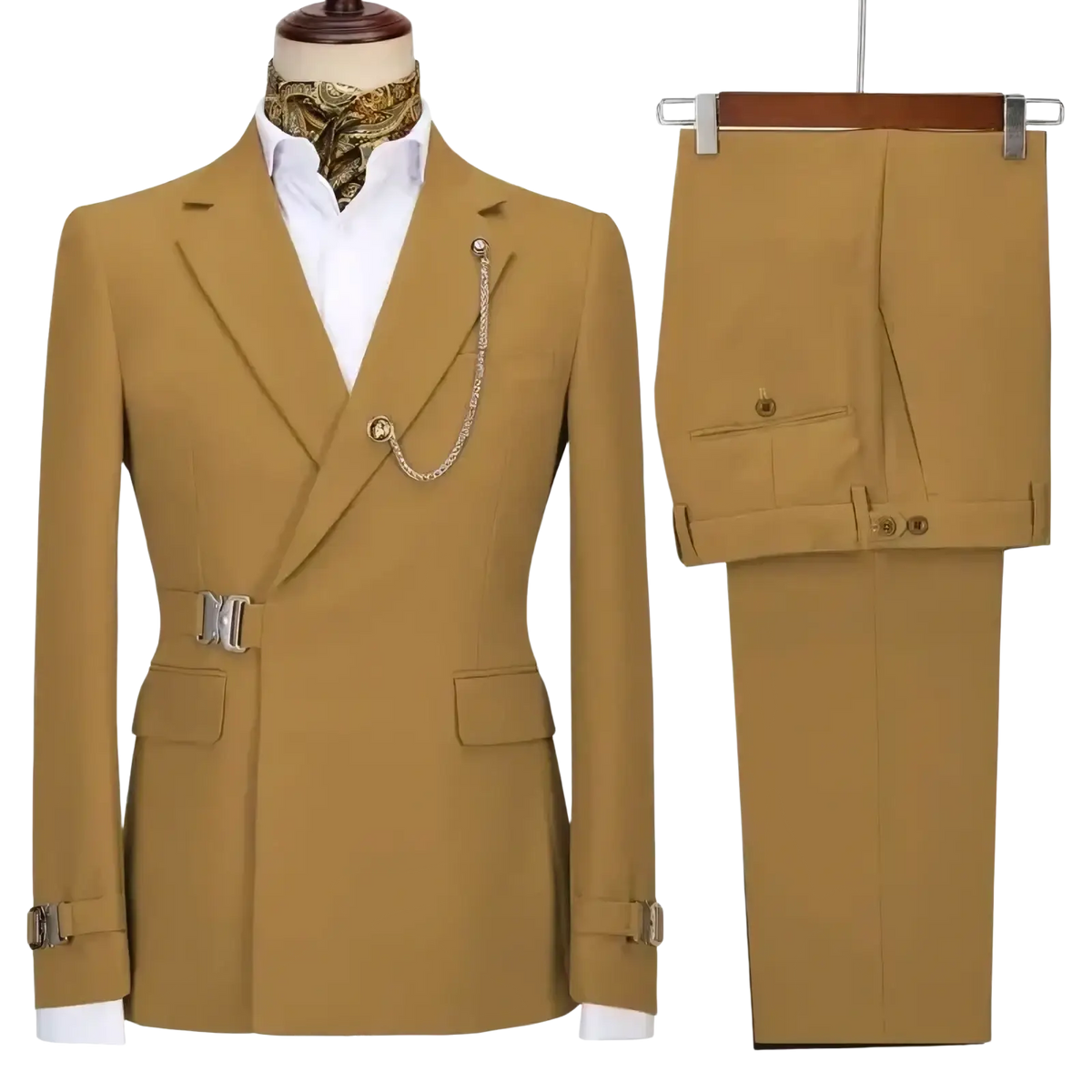 Men slim fit tan double-breasted suit with silver-toned belt buckle and chain accessory italian design two piece set