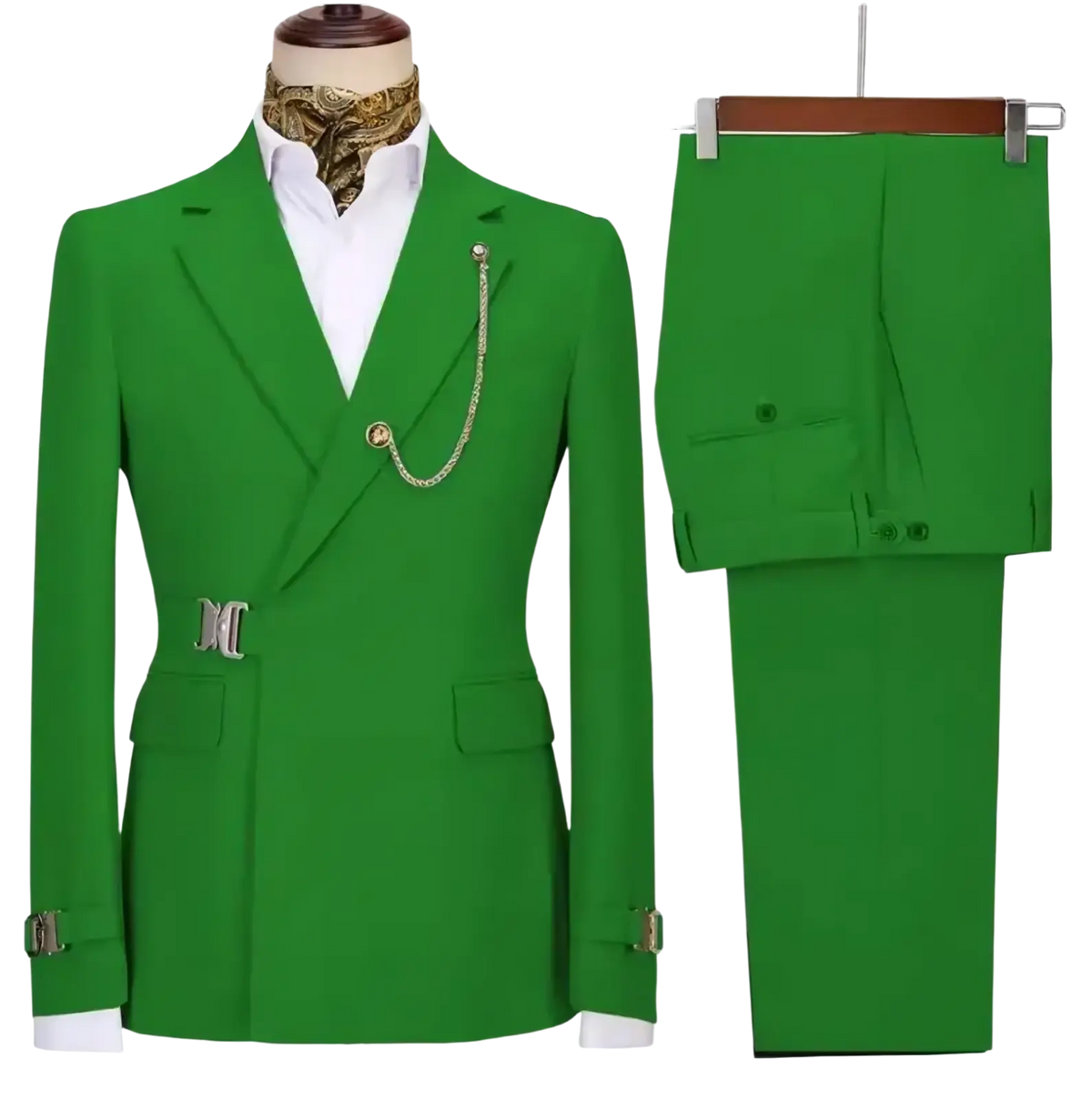 Men slim fit suit italian design two piece set with vibrant green double-breasted jacket and gold-toned hardware