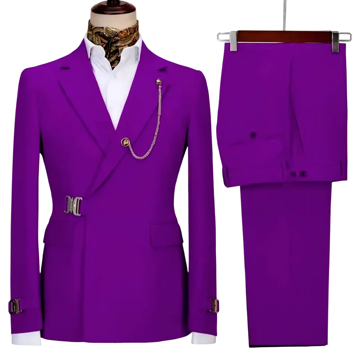 Men slim fit vibrant purple Italian design two piece suit with double-breasted gold-toned belt buckle and chain accessory