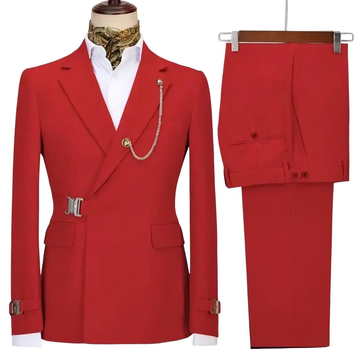 Men slim fit italian design two piece suit set in vibrant red tailored with gold chain pin and silver belt buckle