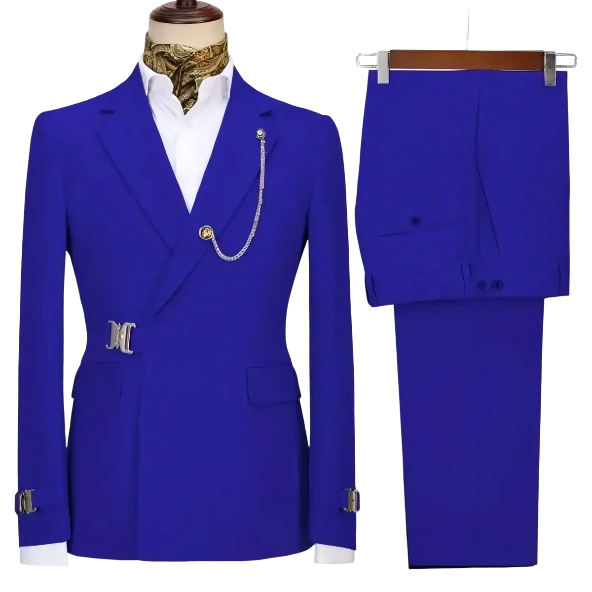 Men slim fit royal blue double-breasted suit with metallic silver belt buckle and matching pocket square italian design