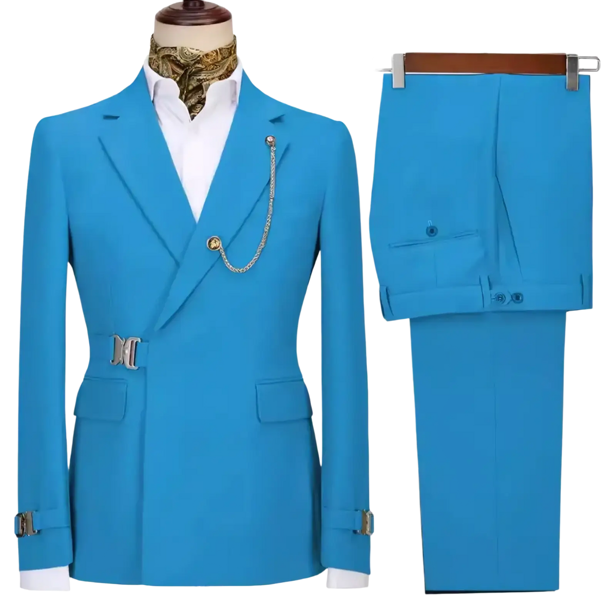 Men slim fit suit Italian design two piece set in vibrant turquoise with double breasted blazer and silver belt buckle accents