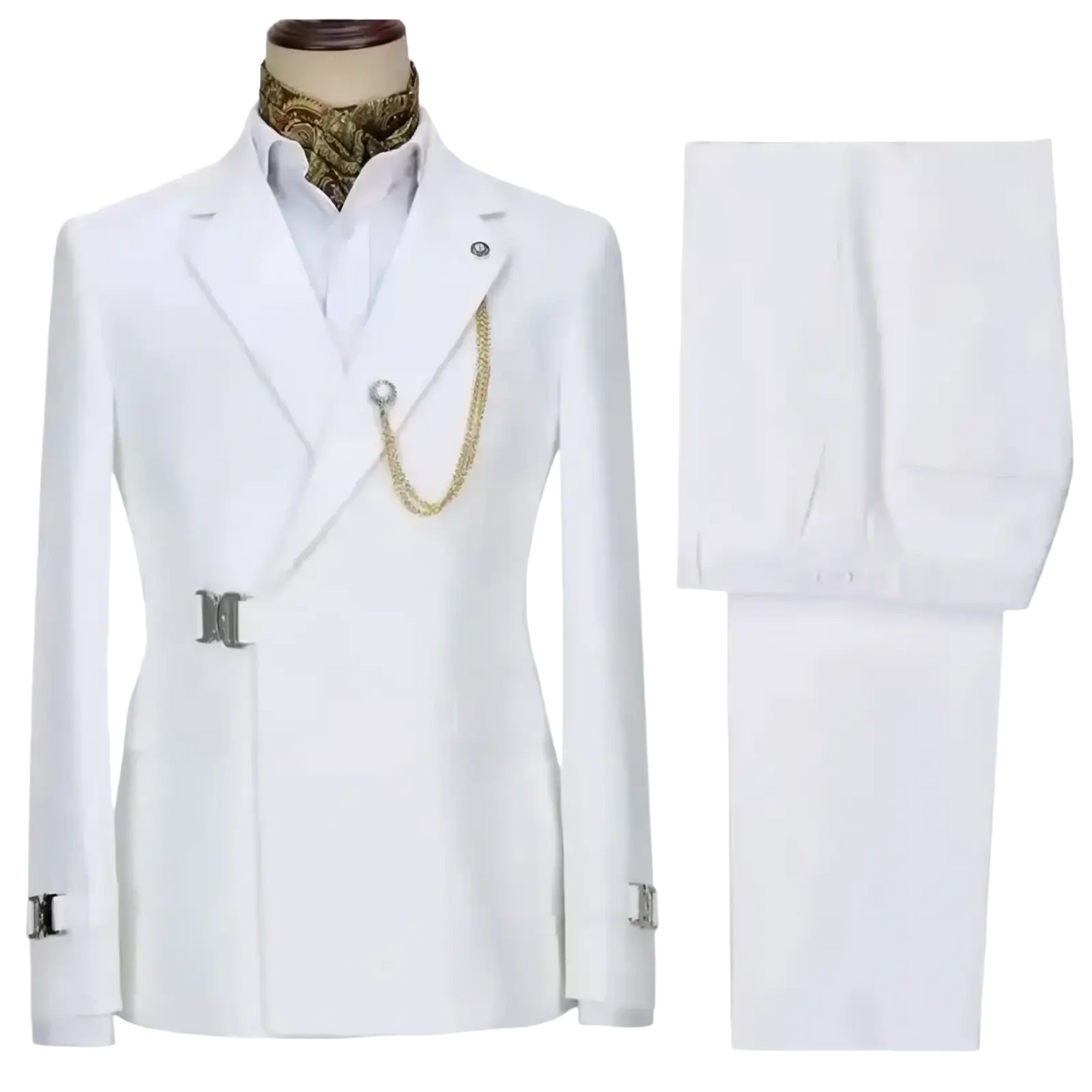 Men slim fit white double-breasted suit with silver belt buckle cufflinks and gold chain necklace italian design two piece set