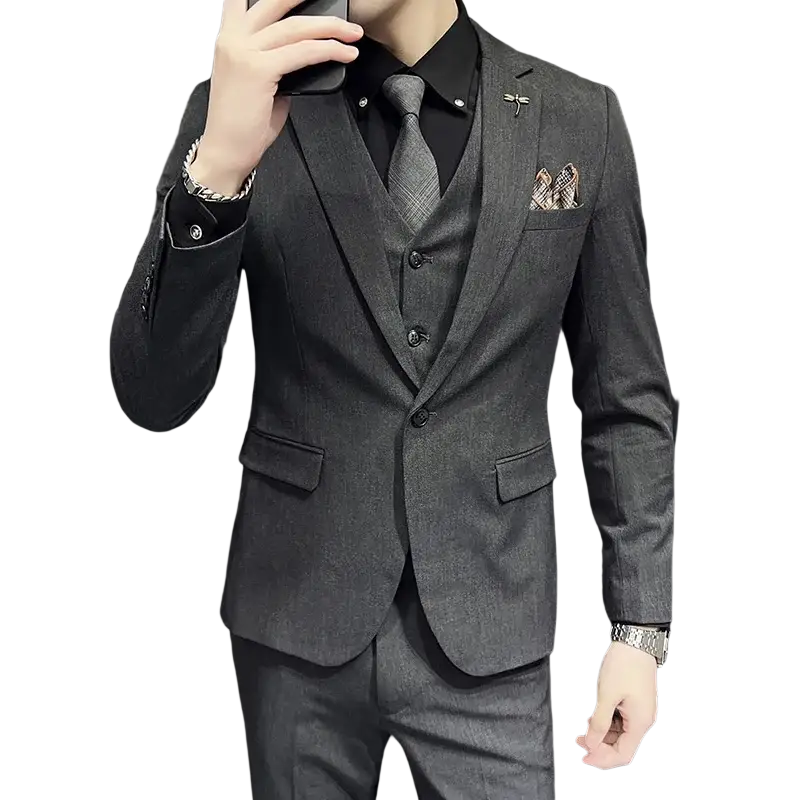Men slim fit suit set in gray textured fabric with subtle herringbone pattern and 9 cropped ankle pants closure type