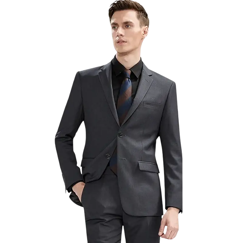 Men slim fit black tailored suit with sleek modern cut subtle texture and single breasted closure type for formal use