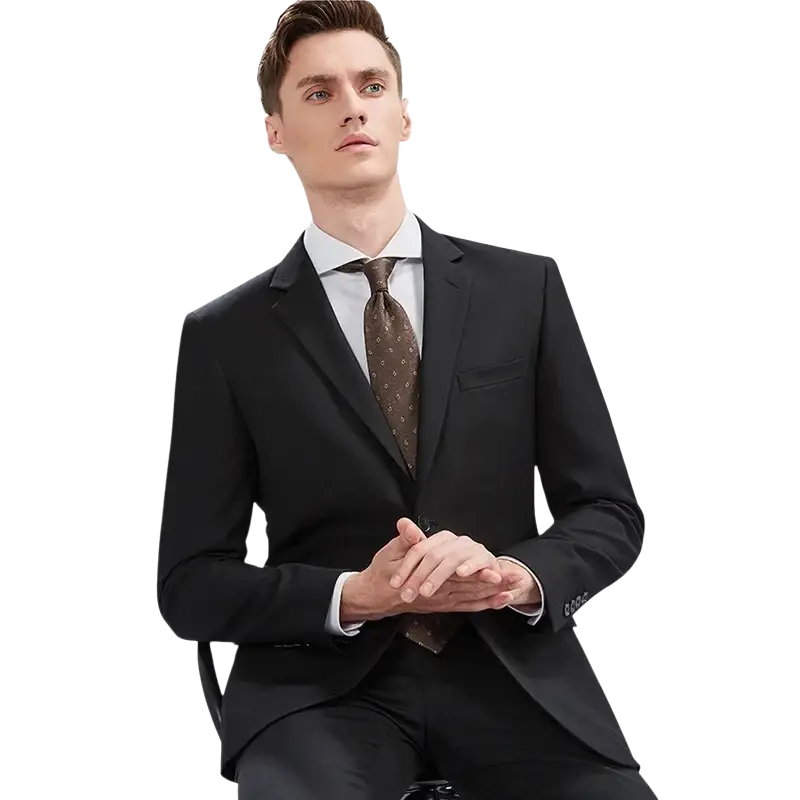 Black men slim fit suit with sleek modern cut subtle texture single breasted closure formal business casual wear