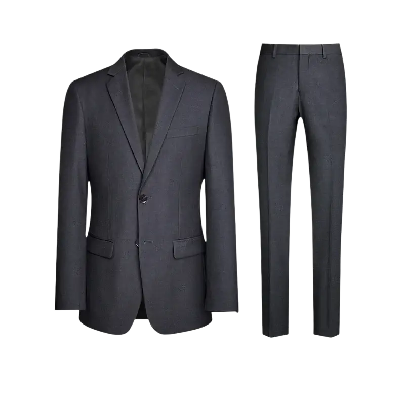 Men slim fit dark gray wool blend suit with classic two-button blazer closure type and matching formal trousers
