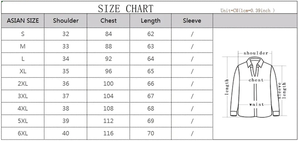 Asian size shirt sizing chart with measurements in centimeters for men slim fit suit vest formal business waistcoat