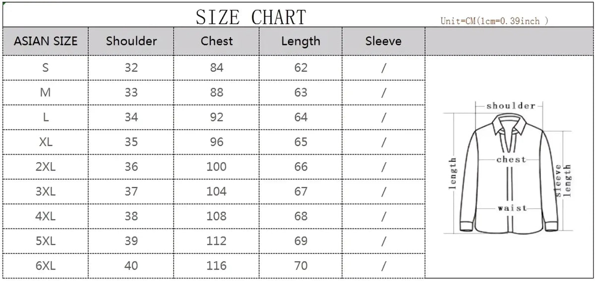 Asian size shirt sizing chart with measurements in centimeters for men slim fit suit vest formal business waistcoat