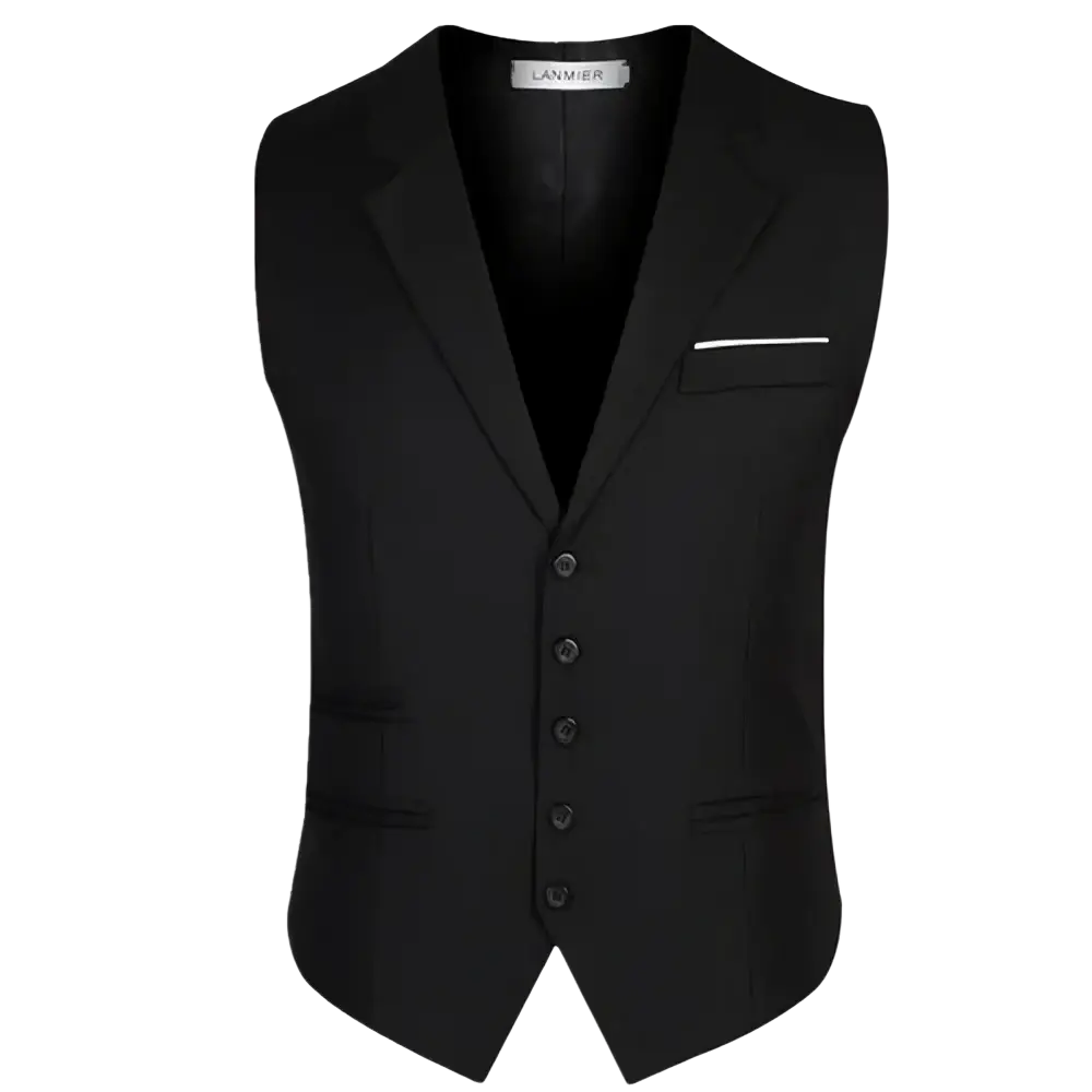Men slim fit black formal suit vest with notched collar five black buttons and white-trimmed left chest pocket