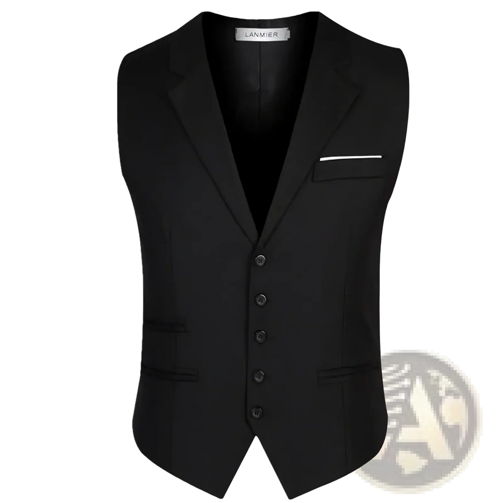 Men slim fit suit vest formal business waistcoat in black with notched collar five buttons and white-trimmed breast pocket