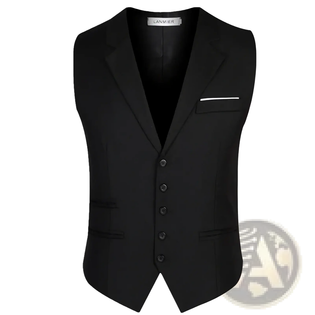 Men slim fit suit vest formal business waistcoat in black with notched collar five buttons and white-trimmed breast pocket