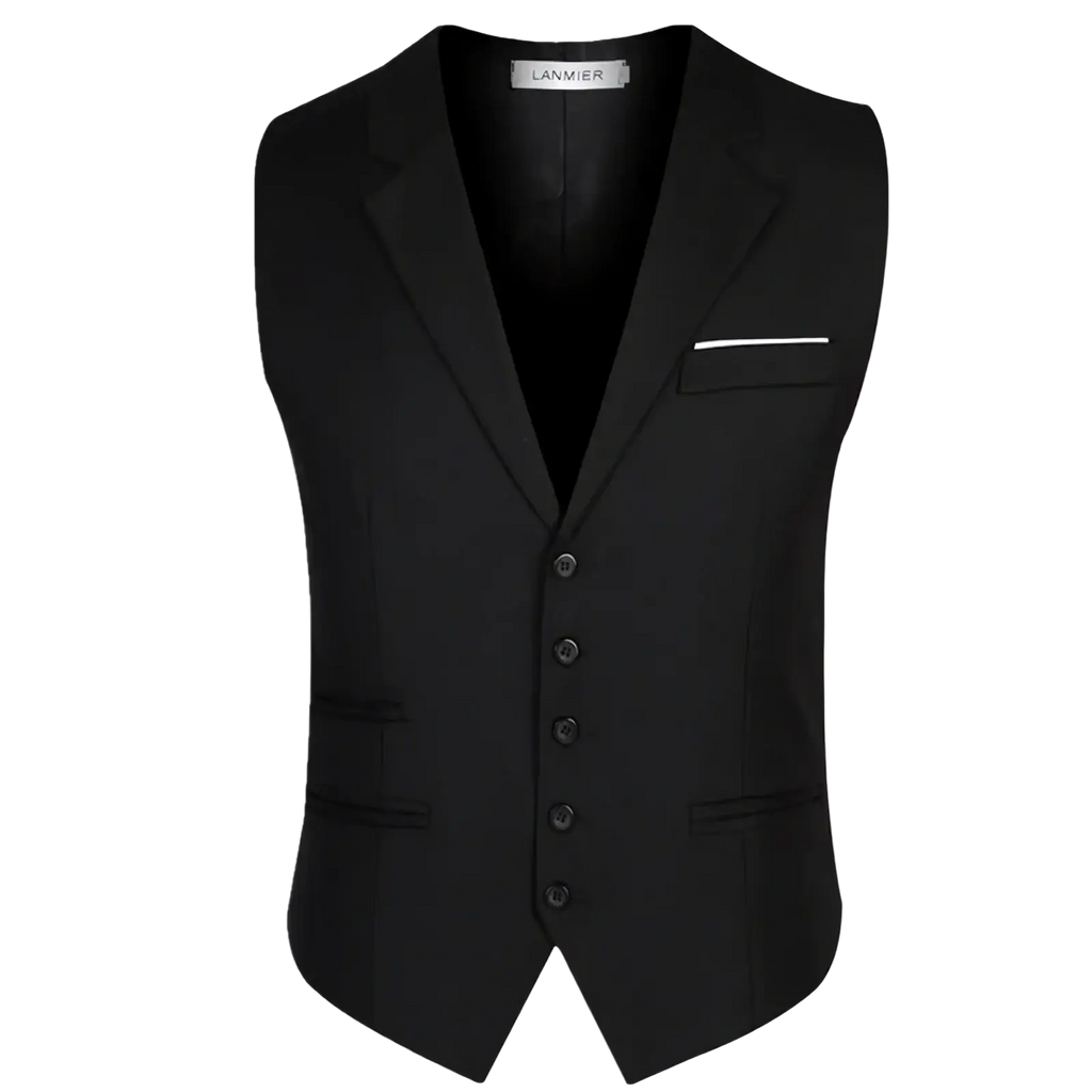 Men slim fit suit vest formal business waistcoat in black with notched collar five buttons and white-trimmed breast pocket