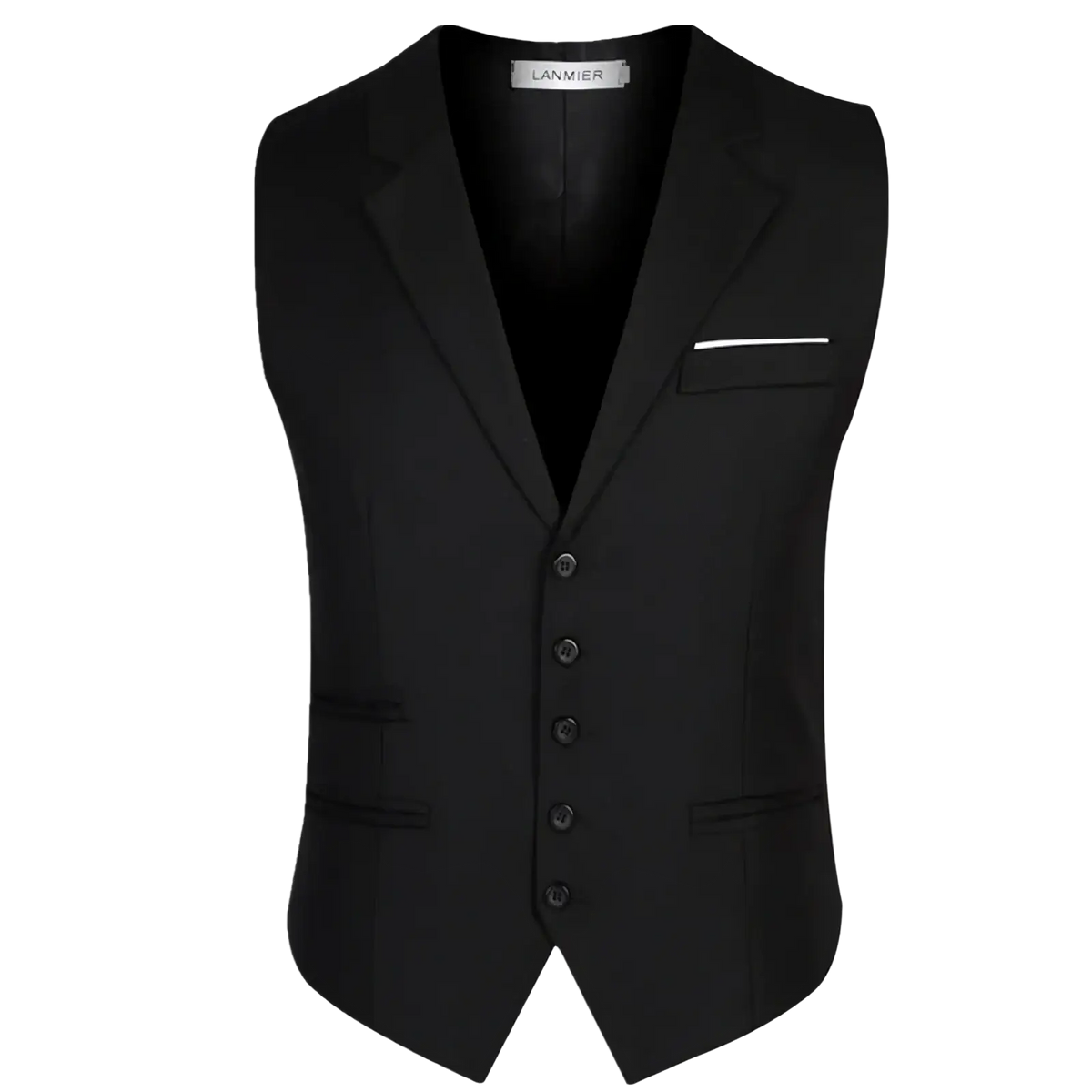 Men slim fit suit vest formal business waistcoat in black with notched collar five buttons and white-trimmed breast pocket