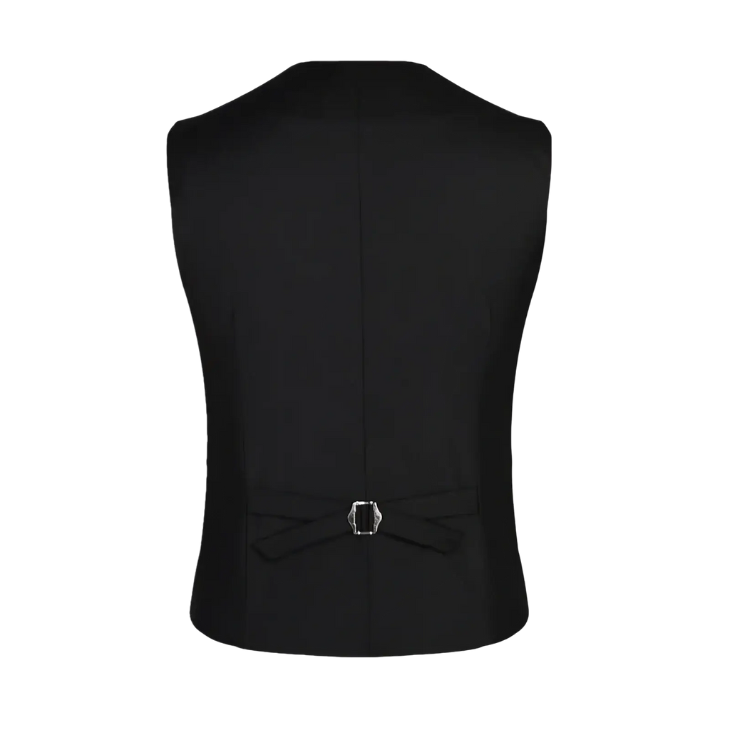 Men slim fit black tailored suit vest back with central seam and silver buckle fastening tied waist bow for formal business wear