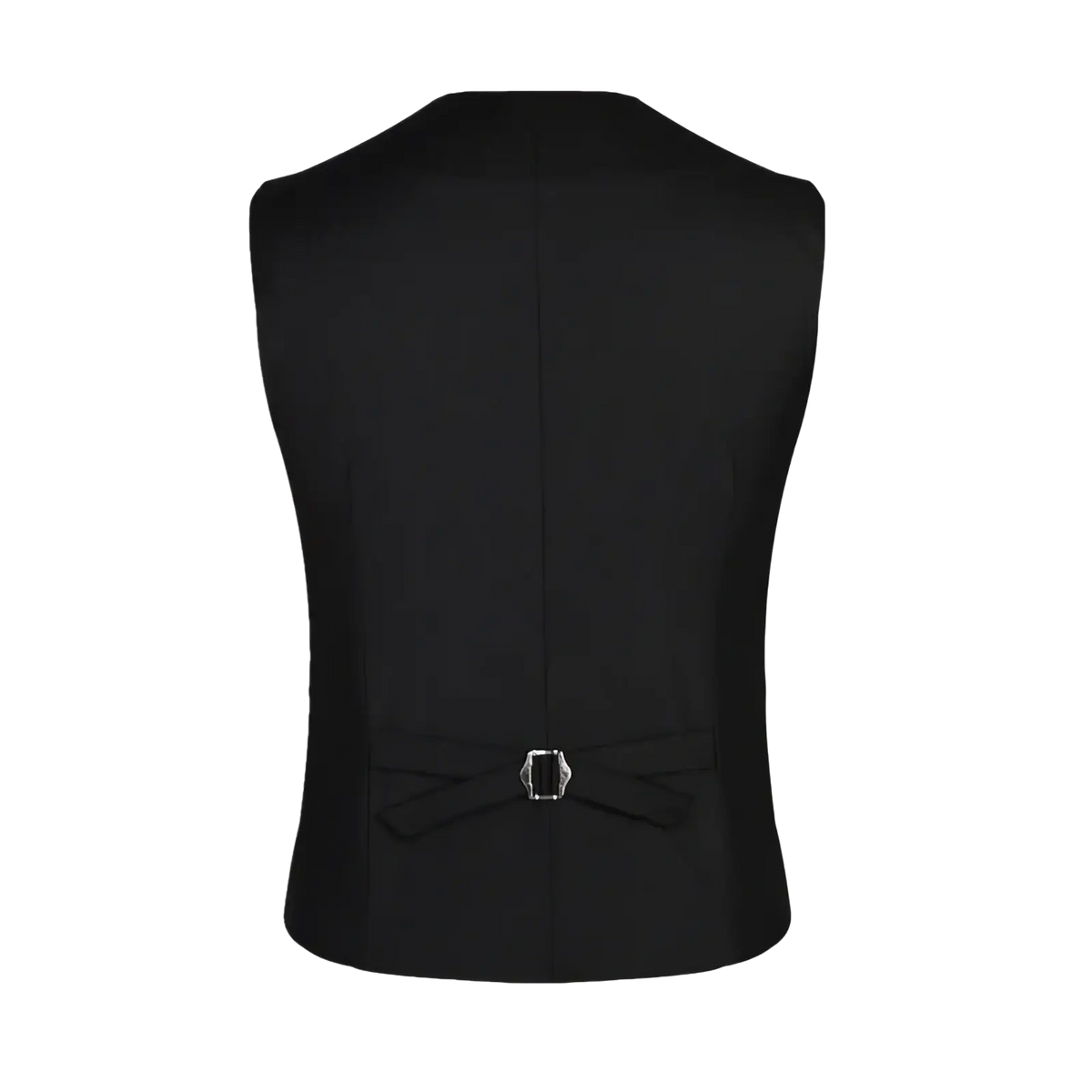 Men slim fit black tailored suit vest back with central seam and silver buckle fastening tied waist bow for formal business wear