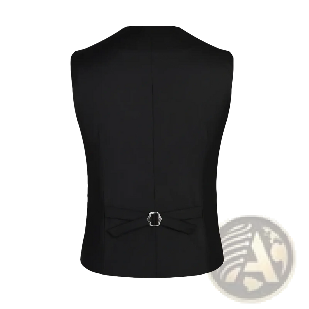 Black tailored men slim fit suit vest formal business waistcoat back side with central seam and silver-tone buckle bow fastening
